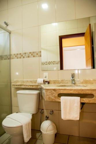 a bathroom with a toilet and a sink and a mirror at Habitat Hotel Pirassununga in Pirassununga