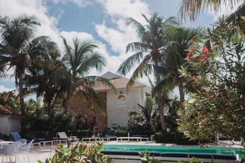 una casa con palmeras y piscina en Guana Beach Inn, en Great Guana Cay