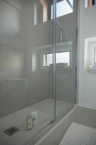 a bathroom with a shower with a glass door at Ivrea Centro - Attico Top in Ivrea