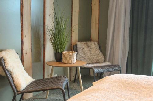 a bedroom with two chairs and a table with a plant at Åsjord Farmhouse in Oldra