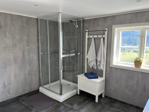 IsfjordenにあるGrey Lodgeのバスルーム(ガラス張りのシャワー付)