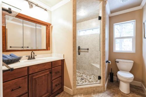 une salle de bain avec une douche avec des toilettes et un lavabo dans l'établissement Spacious 4 Bedroom Retreat Near Lake Tahoe- Comfort and Views, à Kingsbury Meadows