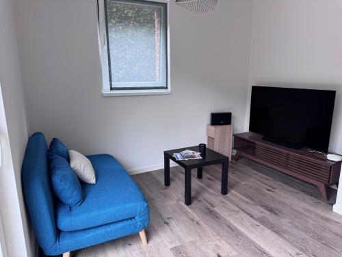 a living room with a blue couch and a tv at Appart Wavre, 2ch, terrasse, piscine, charme & confort in Wavre