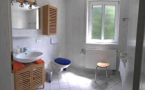 ein Bad mit einem Waschbecken, einem WC und einem Fenster in der Unterkunft Ferienwohnung am Golfplatz in Ullersdorf