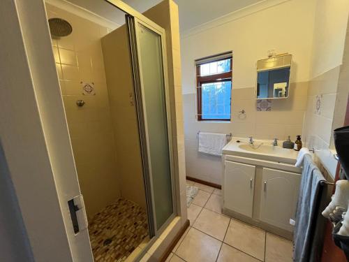 un baño con ducha y lavabo en Summer Suite, en Hermanus