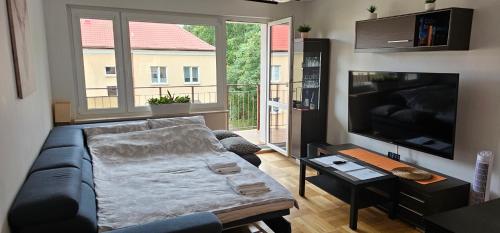 a living room with a couch and a flat screen tv at Apartament Gdynia Babie Doły in Gdynia