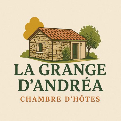 Un logotipo de una casa de piedra con un árbol en La Grange d'Andrea, en Saint-Étienne-de-Fontbellon