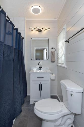 a bathroom with a toilet and a sink and a mirror at Trailside Escape in Columbus