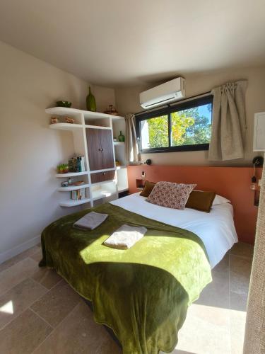 a bedroom with a large bed with a green blanket at La Grange d'Andrea in Saint-Étienne-de-Fontbellon