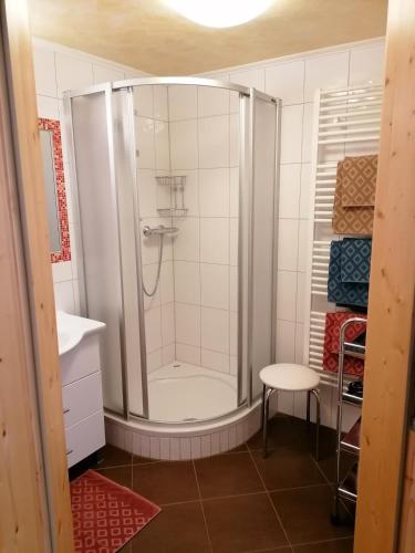 a bathroom with a shower and a toilet and a stool at Kirchenbichlerhof in Pruggern