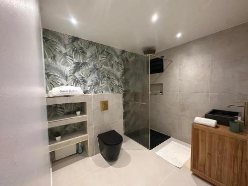 a bathroom with a shower and a toilet at Bungalow romantique à Deshaies + piscine in Deshaies