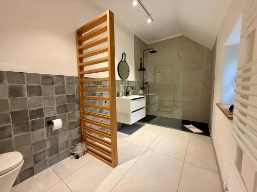 a bathroom with a shower and a toilet and a sink at Das Anni's in Wangerland