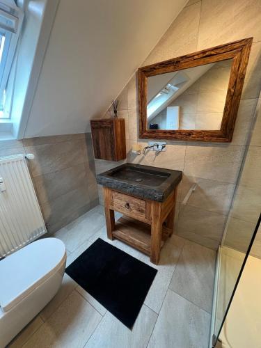 a bathroom with a sink and a toilet and a mirror at Moselkieker in Brodenbach