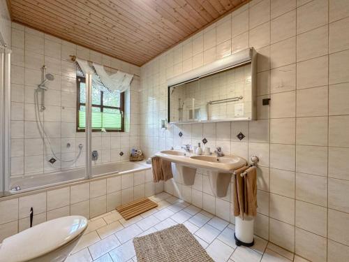 a bathroom with a sink and a tub and a toilet at Weiherblasch I in Dietersdorf