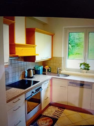 Una cocina con gabinetes blancos y un fregadero. en Apartment Auszeit Sommercard inklusive, en Hollersbach im Pinzgau