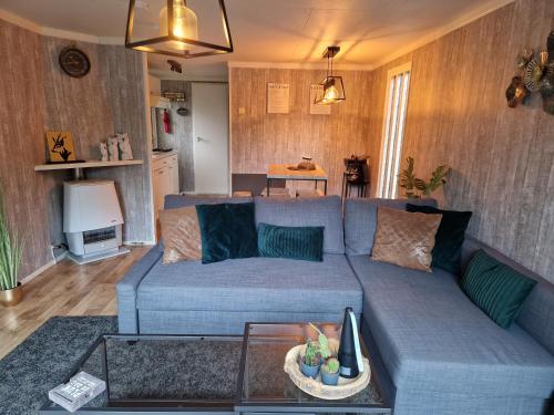 a living room with a blue couch and a table at Veluwe Park Reewold-Chalet in Putten voor rust zoeker in Putten