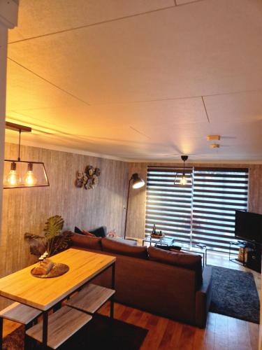 a living room with a couch and a table at Veluwe Park Reewold-Chalet in Putten voor rust zoeker in Putten