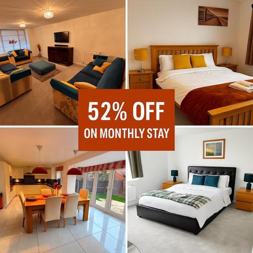 a collage of photos of a bedroom and a room at Cozy Stays Taunton in Norton Fitzwarren