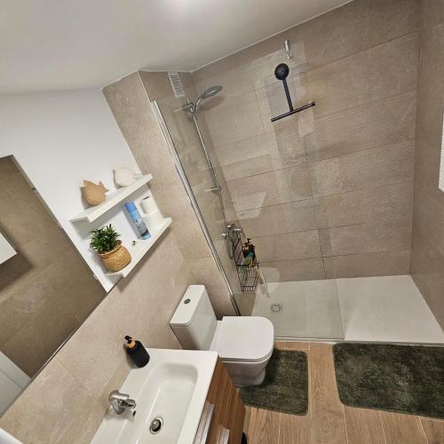 a bathroom with a shower and a toilet and a sink at Duna Lagoon in Corralejo
