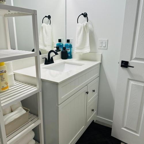 a bathroom with a sink and a mirror at Modern Basement Suite near West Edmonton Mall in Edmonton