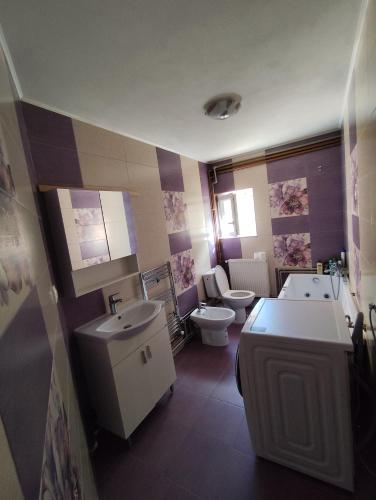 een badkamer met 2 wastafels en een toilet bij Acasă la Elias in Breb