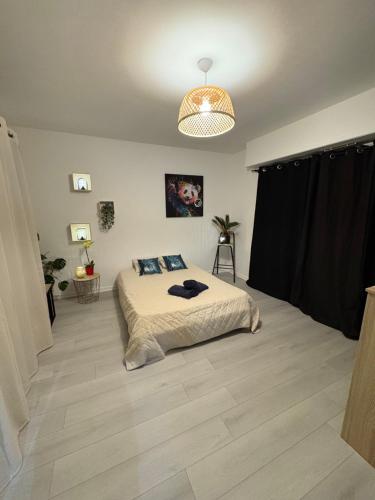 una camera da letto con un letto e un lampadario di Studio Cocooning a Colmar
