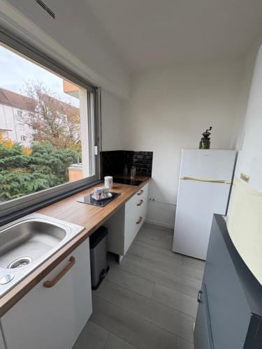 una cucina con un lavello e un frigorifero bianco di Studio Cocooning a Colmar