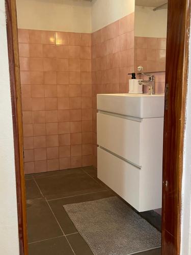 ein kleines Bad mit einem Waschbecken und einer Theke in der Unterkunft Ocean Retreat in Fajã da Ovelha