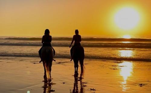 two women riding horses on the beach at sunset at Suites white house in Essaouira
