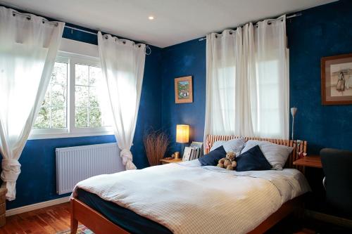 a blue bedroom with a bed with a teddy bear on it at Casa Caliche in Madrid