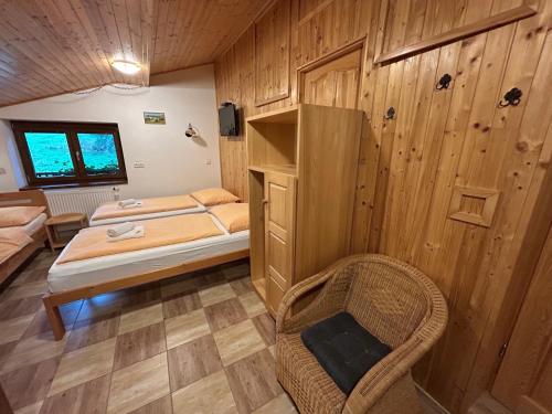 a bedroom with a bed and a chair in a room at Apartmány U Žaloudků in Dolní Morava