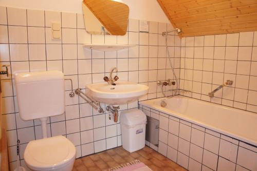 a bathroom with a toilet and a sink and a tub at Ferienhaus Riegler in Sankt Georgen bei Neumarkt