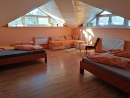 a living room with two beds and a couch at Penzion Helena a chata Helena in Střílky