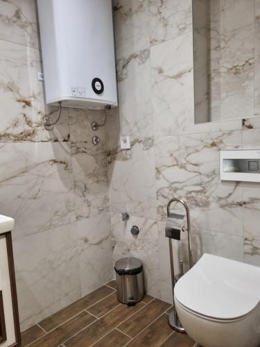 une salle de bain avec des toilettes blanches et un lavabo dans l'établissement Royal Garden Centar apartmani, à Zlatibor