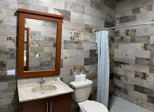 a bathroom with a toilet and a sink and a mirror at Casa El Dorado - a 2 minutos de la Playa Miramar in Colonia Miramar