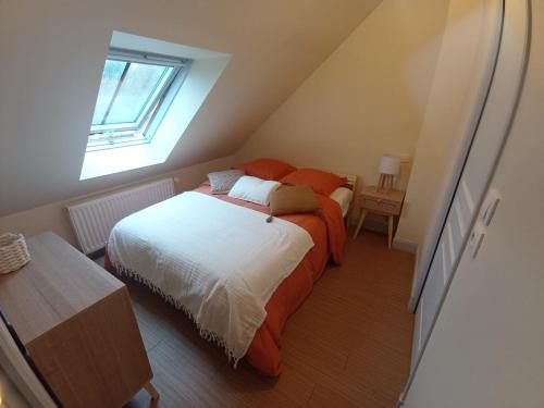 1 dormitorio en el ático con cama y ventana en Le Saint Georges, en Chinon