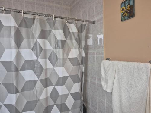 a bathroom with a shower with a shower curtain at Enjoy Life in Heart of North Delta in Delta