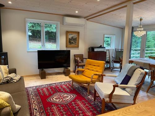Munka-LjungbyにあるCabin within walking distance of Västersjönのリビングルーム(テレビ、ソファ、椅子付)