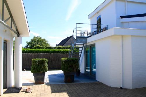 a dog laying on a sidewalk next to a white building at Art-hill in Jabbeke