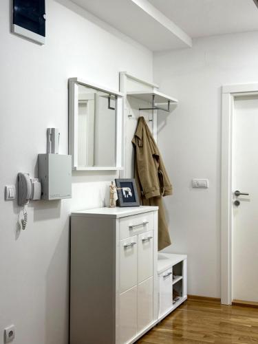 a white bathroom with a sink and a mirror at Stan na dan Bogdan Ub in Ub