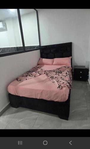 Bordj el Kiffanmagnifique studio a Alger bordj al kiffan的卧室里有一张铺着粉色床单、配有黑色床头板的床。