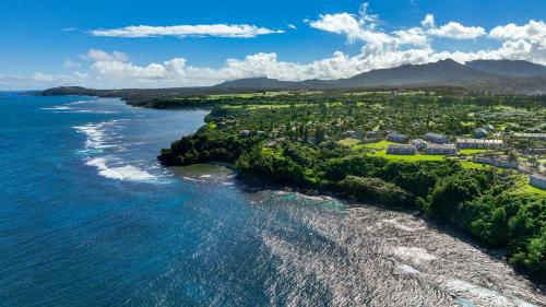 an aerial view of a beach and the ocean at Alii Kai 7201 in Princeville