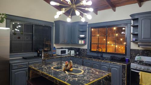 een keuken met blauwe kasten en een tafel met kippen erop bij Hostal Marias in Copan Ruinas