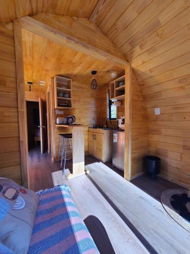a large wooden room with a kitchen in a cabin at Espacio Verde in Juan Chico