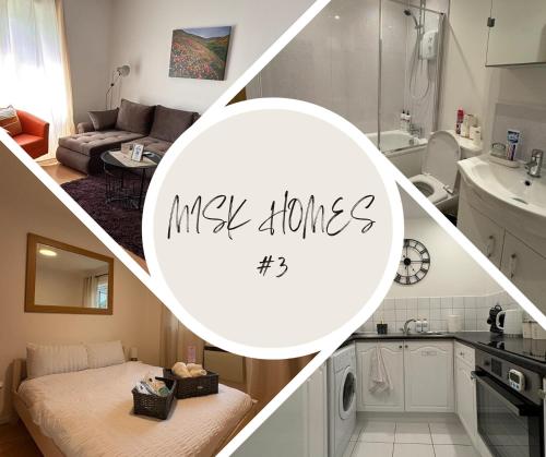 a collage of four photos of a kitchen and a living room at Misk Homes #3 Near Heathrow Airport, shops & Brunel University - Free Parking in Uxbridge