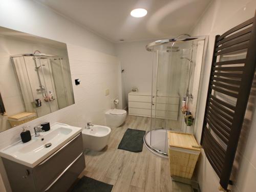 een badkamer met wastafel, douche en toilet bij Dom na Kasztanowej in Augustów