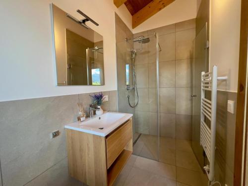 ein Badezimmer mit Waschbecken und Dusche in der Unterkunft Grebenzen Lodge Starnberg 60A in Sankt Lambrecht