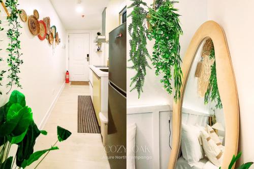 a kitchen with a mirror and plants on the wall at Cozy Oak - Boho Studio for Couples with Huge Balcony in San Fernando