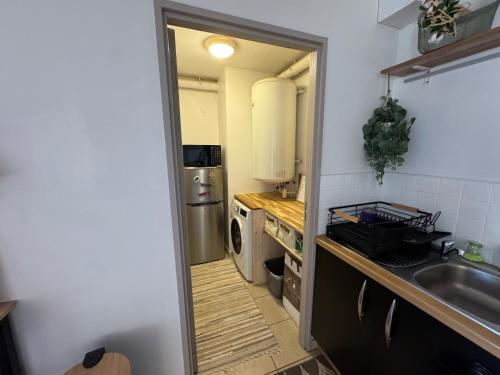 a small kitchen with a sink and a refrigerator at Hinahei in Papeete
