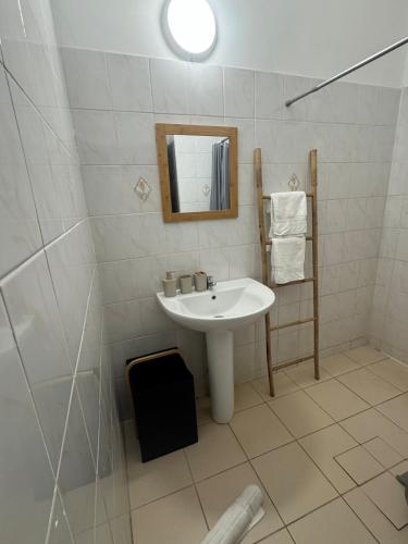 une salle de bains blanche avec un lavabo et un miroir dans l'établissement L'ikonik, à Cayenne